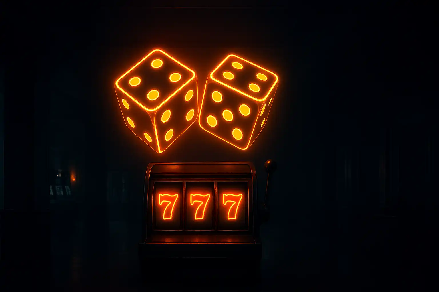 Dunkle Casino-Lobby mit bernsteinfarbenen Neon-Würfeln und Slot-Walzen