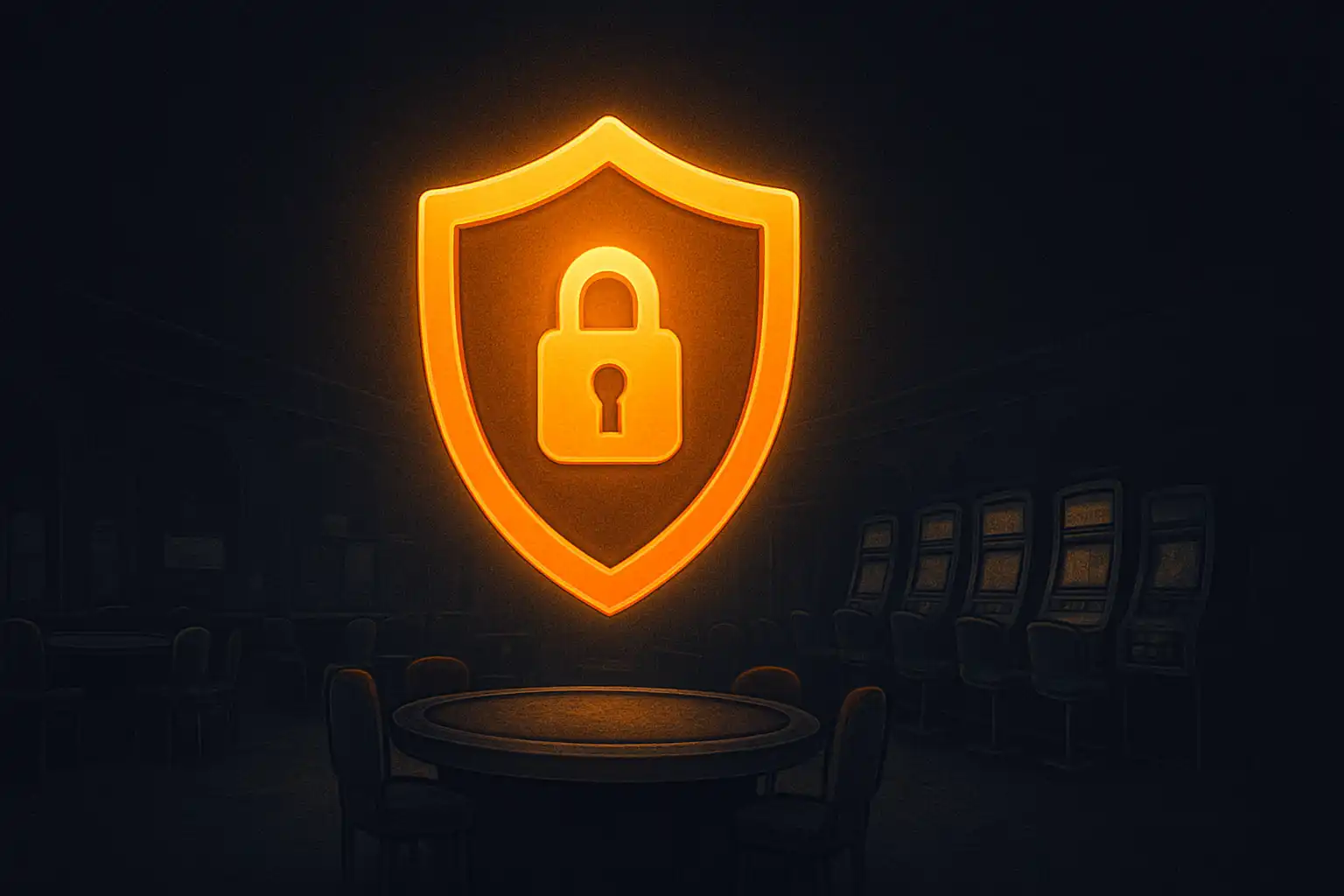 Shield icon over a dark casino background representing licensing and security